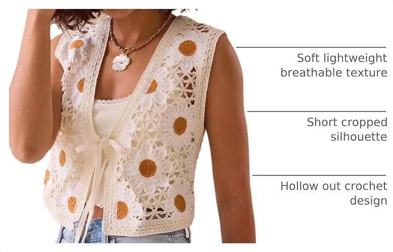 Yojeasrio Women Y2K Crochet Knit Vest Cute Tie Front Tank Top Sleeveless V Neck Crop Hollow Out Sweater Vest Going Out Tops thumbnail 4