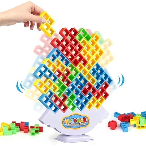 64 Pcs Stacking Tower Game with 22 Cards, Giant Tumble Balance Game for Kids, Family Games for Kids and Adults, Easter Gifts for Teen Boys & Girls, Party Board Game for Kids 6-12 & Adults - Image 1
