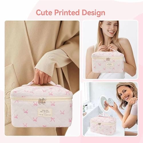 MZLUWM Large Travel Quilted Makeup Bag，Cute Bow Cotton cosmetic bag, Fashionable aesthetic makeup bag,Coquette Aesthetic Floral Travel Toiletry Bag for Women and Girls thumbnail 4