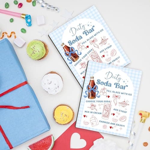 She's Ready to Pop Dirty Soda Bar Sign with Menu, Wooden Tabletop Welcome and Recipe Board for Gender Reveal Party, Beverage Setup Sign 8x10 Inch, Blue Baby Shower Decor (Blue Bow) thumbnail 2