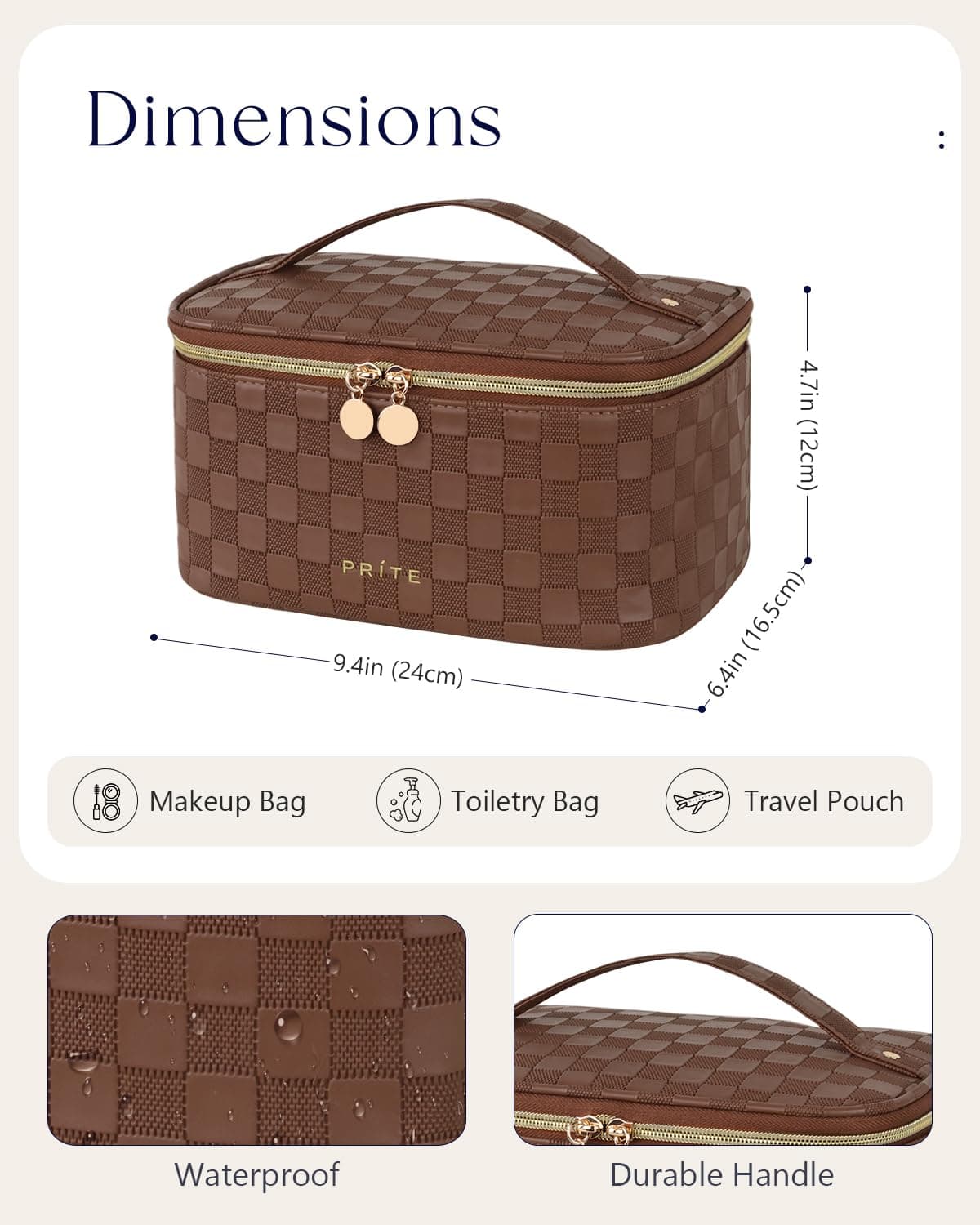 Prite Large Cosmetic Bag Women Travel Bag Cosmetic Bag Waterproof Leather Toiletry Bag Portable Makeup Organizer Pouch with Handle and Removable Divider, Brown Check, Classic thumbnail 5