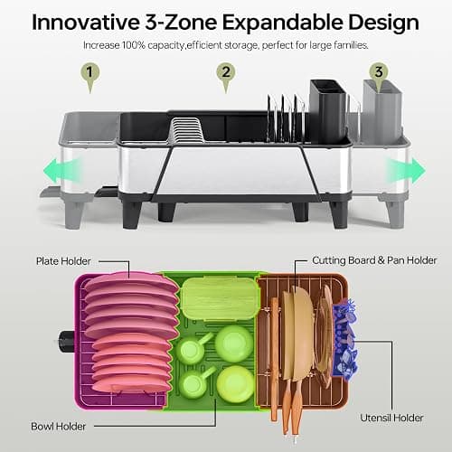 Urackify Large Dish Drying Rack - Triple Expandable Dish Rack for Kitchen Counter, Stainless Steel Sink Organization and Storage Essentials with Utensil & Pans Holder for Home and Appartment, Black thumbnail 3