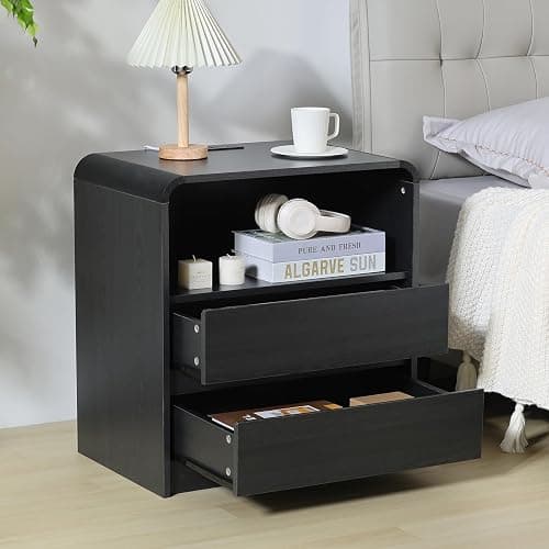 HtThalamic Modern Nightstands with Charging Station, Black Night Stand with 2 Drawers, Wood End Table with Storage, 23.6'' Wide Bedside Cabinet for Bedroom thumbnail 7