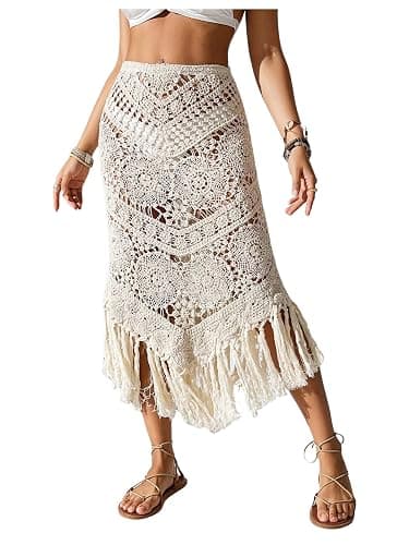 GORGLITTER Women's Crochet Beach Skirt Hollow Out Fringe High Waisted Bathing Suit Cover Up - Image 1