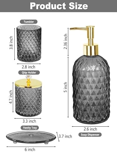 Haturi Gray Glass Bathroom Accessories Set, 4-Piece - Lotion Soap Dispenser, Toothbrush Holder, Cotton Swab Jar & Soap Dish – Elegant Gold Accent for Countertop & Housewarming Gift thumbnail 3
