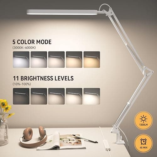 SKYLEO Led Desk Lamp - 31.5" Desk Light - 5 Color Modes X 11 Brightness Levels - Adjustable Swing Arm - Timmer & Memory Function - 12W Study Lamp - White thumbnail 3