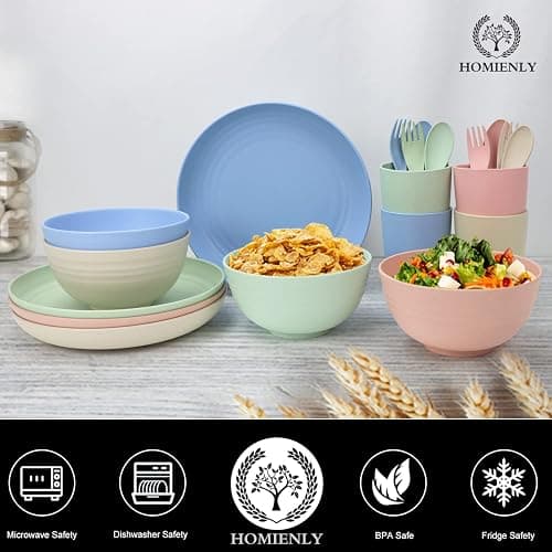 Wheat Straw Dinnerware Sets, 20 PCS Dishes Dinnerware Set Microwave and Dishwasher Safe, Lightweight Unbreakable Dishes, Reusable Dinner Plates Kids Plates and Bowls Sets for Kitchen, Camping - 20 PCS - Multicolor-Light thumbnail 7