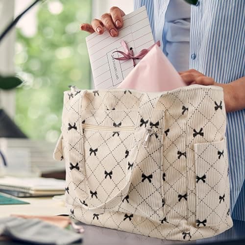 FloralGrace Cord Tote Bag for Ladies Large Black Bow Shoulder Bag with Pockets and Zip Bow Handbag for Work Travel thumbnail 6