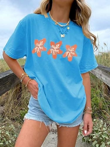 Oversized Graphic Shirt for Teens Girl Y2K Ocean Floral Short Sleeve Baggy Tee Shirts Vintage Aesthetic Coastal Tops thumbnail 4