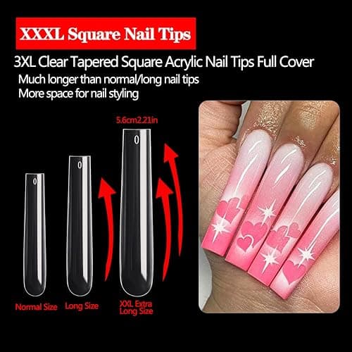 600PCS Square Nail Tips Full Cover, 3XL Clear Nail Tips for Acrylic Nails Professional, XXXL Full Cover Nails Tips No C Curve, Extra Long Tapered Square Fake Nails for Salons Home DIY 12 Sizes thumbnail 2