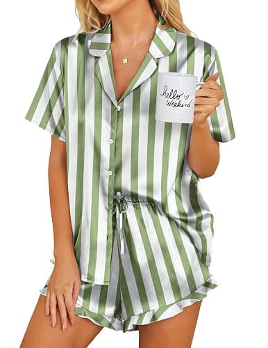 Ekouaer Womens Satin Pajamas Set Button Down 2 Piece Silk Pjs Shorts Set Ruffle Lingerie Notch Collar Sleepwear - Image 1
