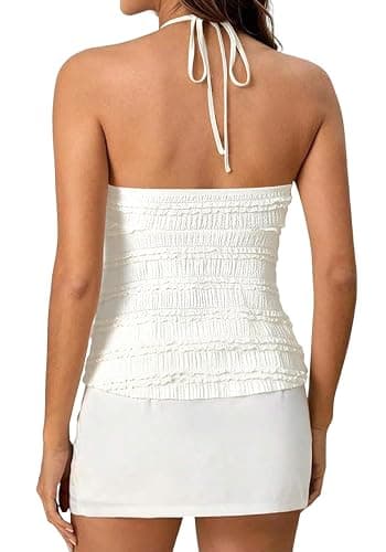 ASKHOPE Women's Ruched Halter Tops Peplum Cami Tops Y2K Drawstring Tie Crop Top for Summer Going Out Dressy Casual thumbnail 4