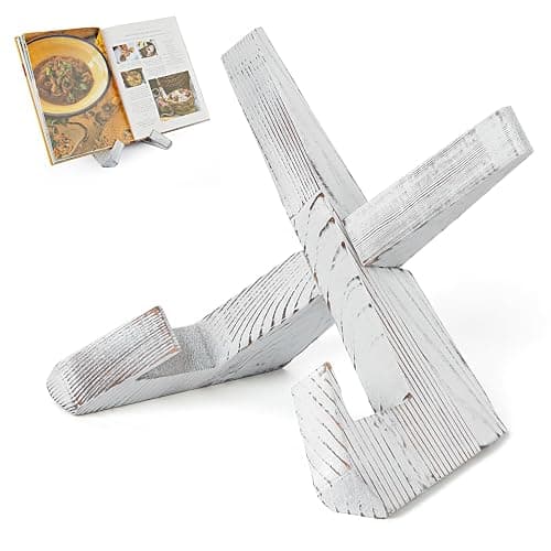PUERSI Cookbook Stand for Kitchen, Recipe Book Holder for Kitchen Counter, Wooden Cookbook Holder, Rustic Cook Book Holder Stand - Farmhouse White - Image 1