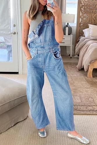 PLNOTME Womens Denim Bib Overalls Barrel Leg Adjustable Strap Jean Pants Jumpsuits with Pockets thumbnail 6