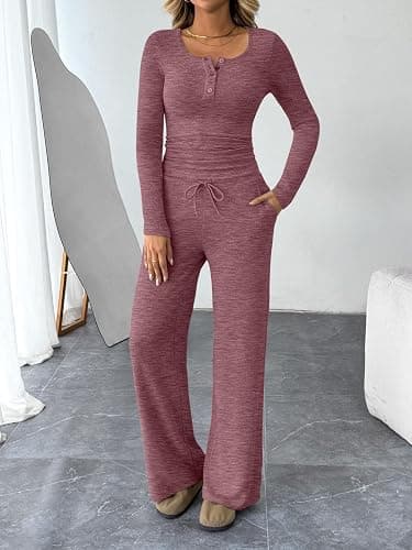Trendy Queen Women's 2 Piece Matching Lounge Sets Fall Fashion Outfits Henley Neck Sweater Top Wide Leg Pants Sweat Suits thumbnail 5