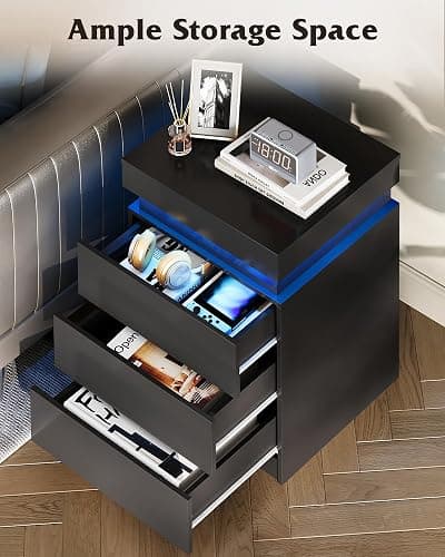 WLIVE Nightstand with Charging Station & Led Lights, Modern Bedside Table with 3 Drawers and Sliding Top, End Table with Hidden Space for Bedroom, Living Room, 26.8'' Height Night Stand, Black thumbnail 6