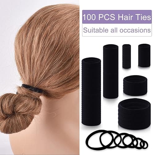 WKJHO 100PCS Various Sizes Black Hair Ties for Women,Elastics Hair Ties No Damage Ponytail Holder for Thick/Thin Hair Accessories,Soft Cotton Cloth Seamless Hair Bands thumbnail 6