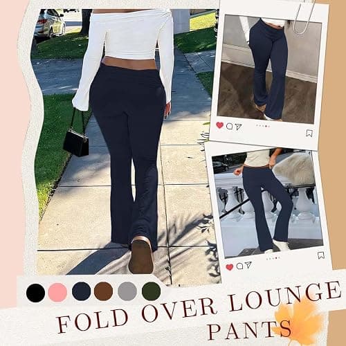 Dookttker Flare Fold Over Leggings High Waist Stretch Y2k Bell Bottom Thin Soft Pajama Pants Wide Leg Workout Sweatpants thumbnail 5