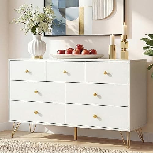 Tradare White Dresser for Bedroom, Modern 7 Drawer Dresser with Gold Handles and Metal Legs, White and Gold Dressers & Chest of Drawers for Hallway, Entryway - Image 1