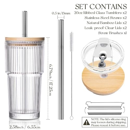 KEMORELA 20oz Ribbed Glass Tumblers with Bamboo Lids & Straws, Boba Cups | Stainless steel straws, bamboo & leak-proof dual lids. 13mm wide straw. Vintage. For boba, iced coffee, smoothies & travel. thumbnail 2