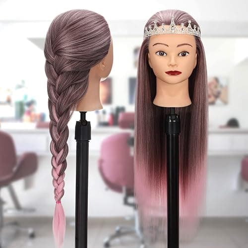 GUANJUNE Mannequin Head, Hairdressing Traning Head Hairdresser,26-28 Inch 100% Synthetic Fiber Cosmetology Doll Head with Clamp Holder+Hair Accessoires Set,Presents for Girls(Gradient Pink) thumbnail 2