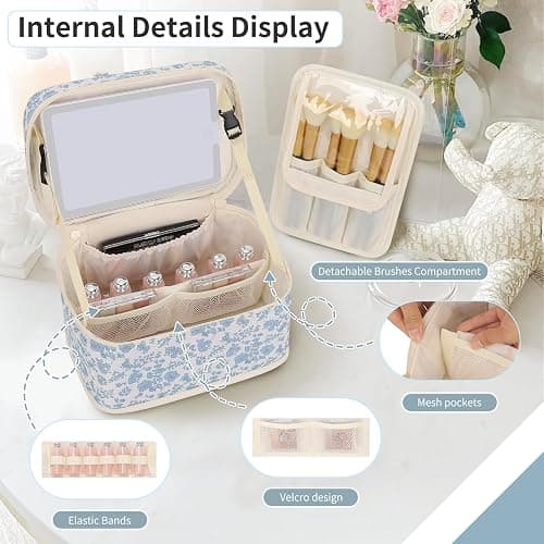 Makeup Bag With LED Mirror, Lightweight Travel Makeup Bag With 3 Color Setting Light Up Mirror Cosmetic Makeup Organizer Vanity Case for Women Beauty Tools Accessories Rechargeable Train Case-Floral thumbnail 2
