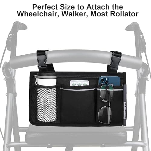 HSGEZUOQI Wheelchair Side Bag, Armrest Storage Pouch with Cup Holder and Reflective Strip Use of Waterproof Fabric for Most Wheelchairs, Walkers or Rollators (Black) thumbnail 3