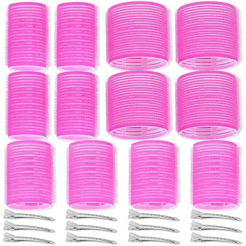 Self Grip Hair Rollers Curlers Set - 24 Pieces with 3 Sizes (4 Jumbo, 4 Large, 4 Medium) and 12 Clips for Volume on Long, Short, Thick, or Fine Hair - 24 Pieces Rose Red Set - Image 1