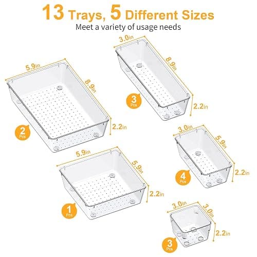 SMARTAKE 13-Piece Drawer Organizers with Non-Slip Silicone Pads, 5-Size Desk Bathroom Drawer Organizer Trays Storage Tray for Makeup, Jewelries, Utensils in Bedroom Dresser, Office and Kitchen, Clear thumbnail 3