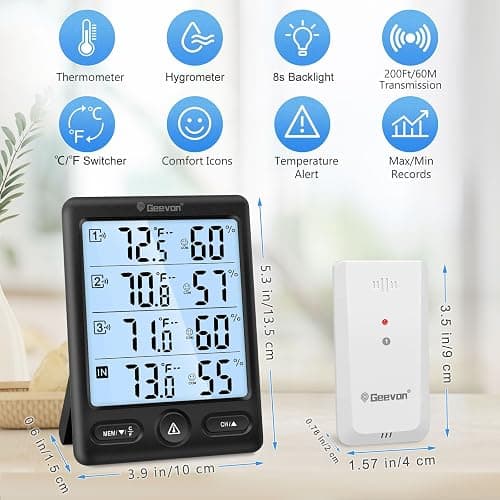 Geevon Indoor Outdoor Thermometer Wireless 3 Remote Sensors, 5-Inch Display Digital Hygrometer Thermometer Temperature Humidity Monitor with 8S Backlight, Battery-Powered (Black) thumbnail 4