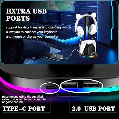 JDGPOKOO PS5 Controller Charging Station with RGB Headphone Stand, PS5 Controller Charger Holder with 2 USB Port, Headset Stand for PlayStation 5 & DualSense Edge Controllers Charging Dock thumbnail 4