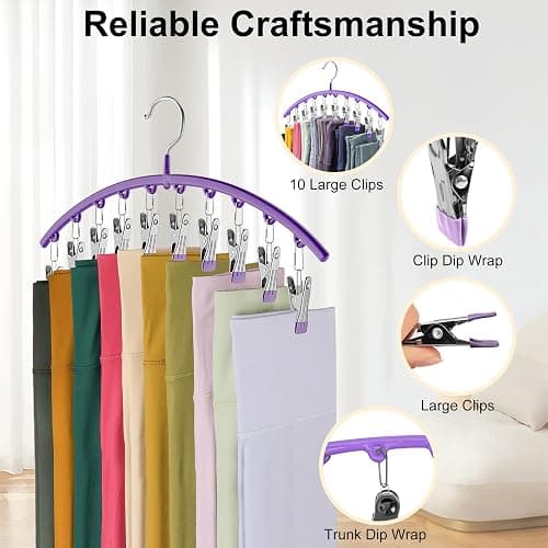 Legging Organizer for Closet, Metal Yoga Pants Hanger w/Rubber Coated 4 Pack w/10 Clips Hold 40 Leggings, Hangers Space Saving Hanging, Closet Organizers and Storage-Purple thumbnail 6