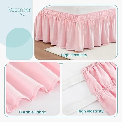 Vocander Pink Bed Skirt Queen Size 14 Inch Drop, Elastic Wrap Around Dust Ruffle Bed Skirting Easy to Put, Adjustable Tailored Bedskirts Fade & Wrinkle Resistant thumbnail 7