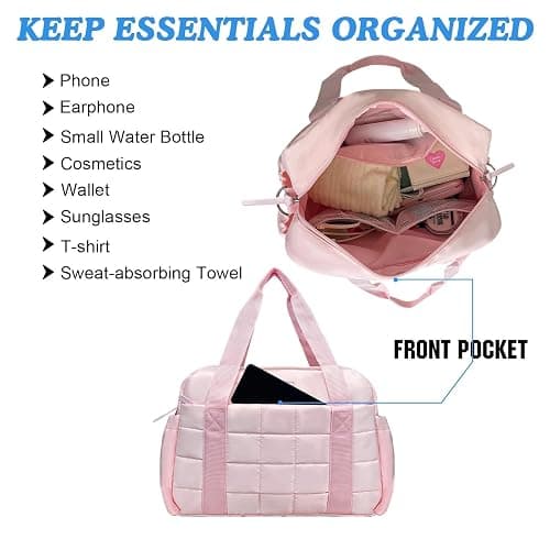 Wolt Small Gym Bag for Women, 14 inch Crossbody Gym Duffle Bag with Wet Compartment, Quilted Tote for Sports Travel Weekender, Pink thumbnail 4