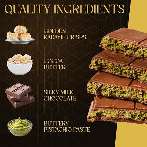 Authentic Mini Dubai-Style Chocolate Bar | 3.36 oz of Luxurious Middle Eastern Indulgence | Premium Milk Chocolate, Golden Kadayif Crisps, Velvety Tahini & Hand-Harvested Pistachios – Imported from Turkey thumbnail 3