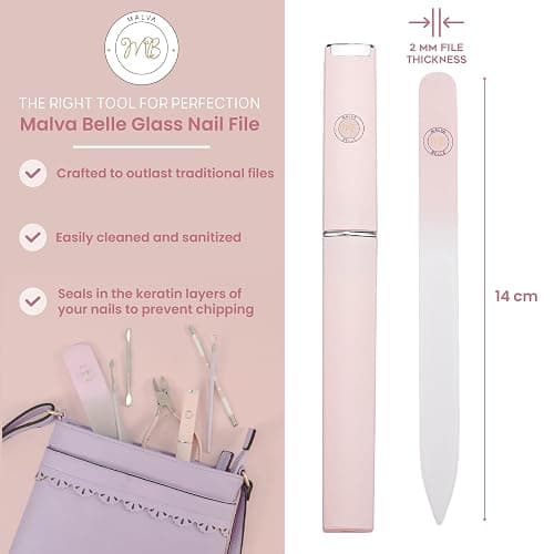 Malva Belle Best Crystal Glass Nail File for Women - File & Travel Case Set - Heavy Duty for Natural Nails, Gel - Professional Nail Shaper – Nail Care Essentials - Pastel Pink 2mm thumbnail 2