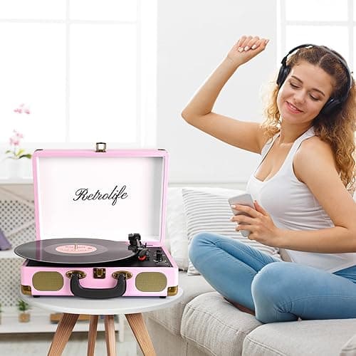 Vinyl Record Player 3-Speed Bluetooth Suitcase Portable Belt-Driven Record Player with Built-in Speakers RCA Line Out AUX in Headphone Jack Vintage Turntable Pink thumbnail 8
