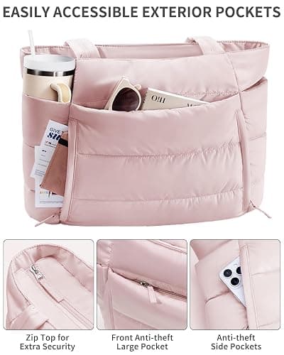 Bagstellar Puffer Tote Bag for Women, Lightweight Puffy Work Handbag Teacher Nurse Quilted Shoulder Bag for School Travel Gym | Cloud Bag w/ Zipper, Daily College Bags, 15.6" Computer Bag, Clinical Nursing Bag, 40 OZ Tumbler Holder, Ideal Gift for Women thumbnail 5