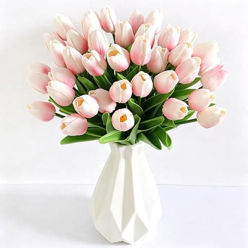 20 PCS Light Pink Artificial Tulips Flowers, 13.4" Lifelike PU Fake Tulips for Outdoors & Indoors, Faux Flowers with Real Touch Texture for Easter Decorations, Home, Living Room and Spring Decor. - Image 1