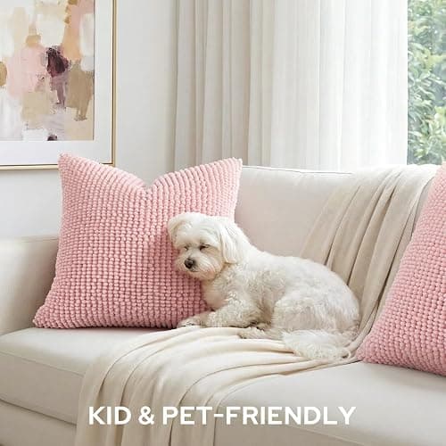 HOMEIDEAS Light Pink Textured Chenille Pillow Covers 18x18 Set of 2 | Thick Plush Double Sided Design,Cozy Warm Touch Textured Design,Couch Sofa Bed Bedroom,Modern Farmhouse Decor thumbnail 5