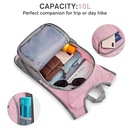 G4Free 10L/15L Hiking Backpack Lightweight Packable Hiking Daypack Small Travel Outdoor Foldable Shoulder Bag - Pink Checkered - 10L thumbnail 3