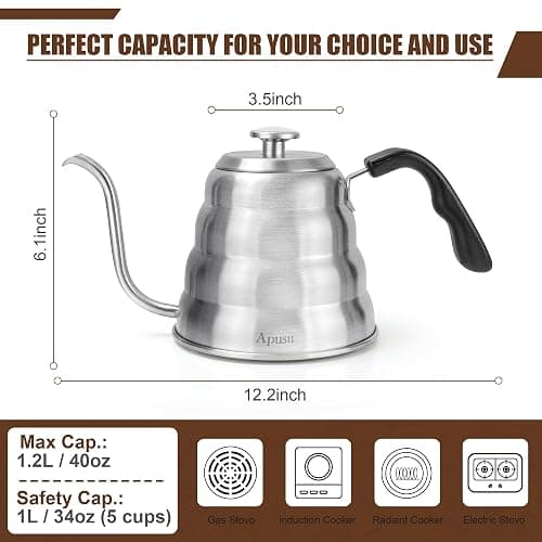 Gooseneck Kettle for Manual Drip Coffee & Tea 40oz Stainless Steel Pour Over Coffee Kettle with Thermometer Tea Kettle for Stovetop,1200ml,6 Cup,Silver,1Pack thumbnail 3