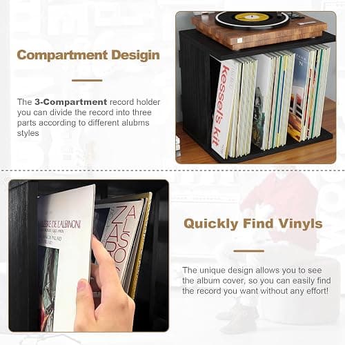 Emfogo Vinyl Record Storage, Record Player Stand Wall Mount Up to 80-100 Albums, 3-Compartment Vinyl Record Holder (Black) thumbnail 4