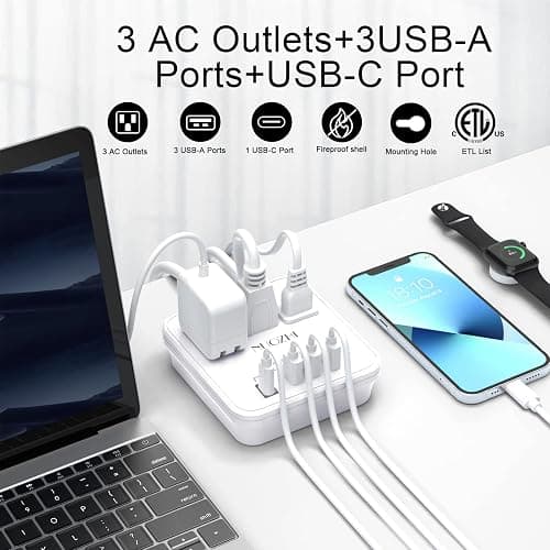 Cruise Essentials, NUOZHI 6 Ft Power Strip with 3 Outlets and 4 USB Ports(1 USB C), Non Surge Protector for Cruise Ship, Travel, Home Office, ETL Listed, White thumbnail 2