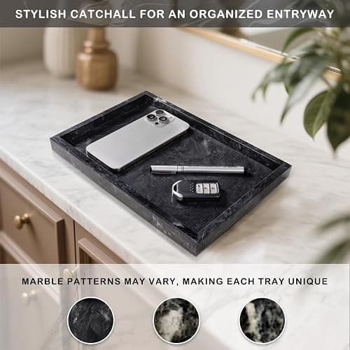 Homaura Marble Bathroom Tray for Countertop & Home Decor, Natural Decorative Marble Tray for Jewelry & Perfume Organizer, Luxury Stone Vanity Trays for Dresser, Kitchen Counter, 12" x 8", Gray Black thumbnail 5