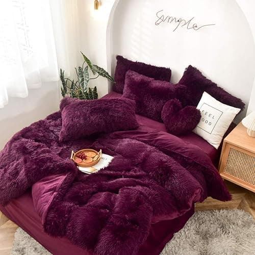 MorroMorn 5 PCS Shaggy Duvet Cover Bedding Set - Fluffy Comforter Cover Long Faux Fur Luxury Ultra Soft Cozy (Maroon, King/California King) thumbnail 6