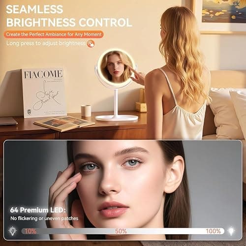 Auxmir Specchio Trucco con Luci 30X/1X Bifacciale, Specchio Ingranditore 8", Specchio da Tavolo Ricaricabile 2000mAh, 3 Colori di Luci 64 LED Rotazione a 360° Smontabile per Camera da Letto, Viaggio thumbnail 6