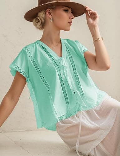 Women Boho Crop Lace Tie Front Tank Summer Vacation Top Button Down Short Sleeve Beach Shirt Y2k Tops Clothes 2026 thumbnail 3