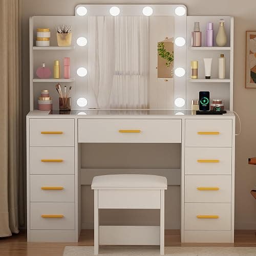BEWISHOME Large Vanity Desk with Mirror and Lights,Glass Top,9 Drawers | White Makeup Vanity Table with 4 Storage Shelves,Dressing Table with Power Outlet,Vanity Stool for Women,Girls,Bedroom FST39 thumbnail 8