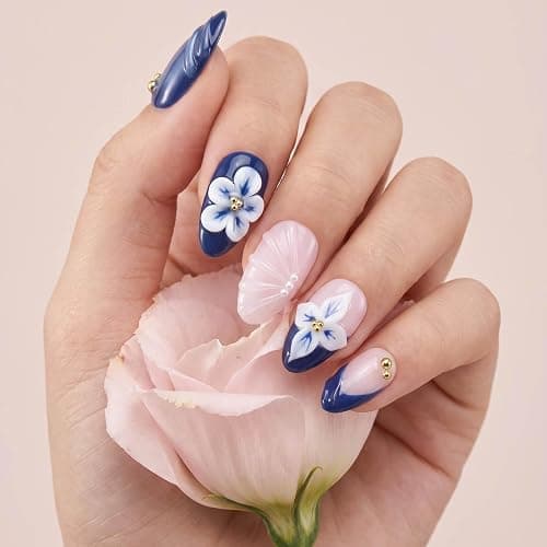 Handmade Short Almond Ocean Press On Nails,Reusable&Salon Quality(1TA26,S) | 10Pcs Daily & Party Fake Nails | Easy Apply & Remove | Navy Blue Press Ons, 3D White Blue Flowers, Pearls & Gold Beads thumbnail 3